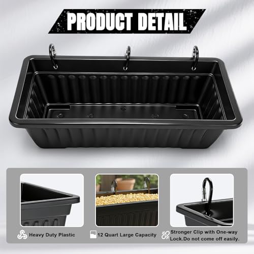 4 Pack 12 Quart Large Feed Trough Goat Horse Feeders Plastic Hanging Feeder with Clips and Nylon Cable Tie Water Trough Supplies Dog Horse Hog Pig Livestock Poultry for Large Animal Black
