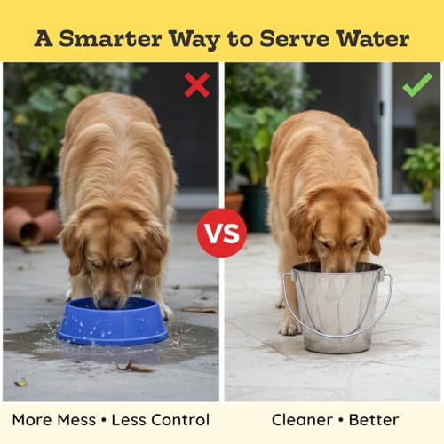 9Qt Round Stainless Steel Heavy Duty Dog Water Bucket, 2-Pack | Food & Water Pail, 2.25 Gallon Capacity, Heavy-Duty, Round Design with Carry Handle, Ideal for Dog, Cats, Goat & farm animals - size: 9 Quart (Pack of 2)