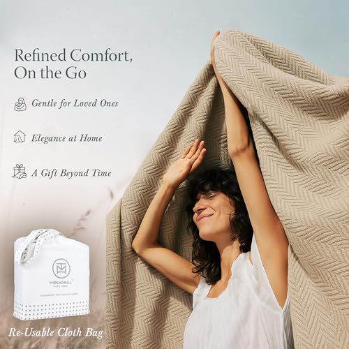 Threadmill Luxury Cotton Blankets for Queen Size Bed | All-Season 100% Cotton Queen Size Blanket | Herringbone Cozy, Soft Breathable Fall Thermal Blanket fits Full Size Bed, 90x92 | Beige | All-Season Thermal Blanket, Soft & Breathable, Cozy Moisture-Wick