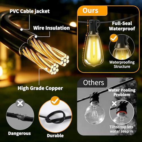 Solar Lights Outdoor 33FT, Dimmable Remote Control Patio Lights | Waterproof Solar Light with 11 ST38 Shatterproof Bulbs, Solar Powered & USB Charging, 3 Light Modes, Camping Backyard Garden - size: 10M-33FT