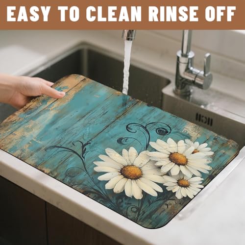 Rustic Barn Flower Dish Drying Mat for Kitchen Counter 2 Pack Fall Daisy Teal Turquoise Brown Absorbent Draining Pad, Coffee Bar Mat Accessories Fit, Quick Dry Mat Non-slip 12"L x 20"W