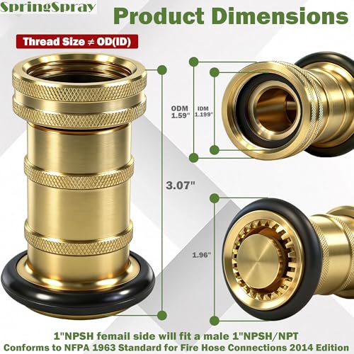 1" NPSH/NPT Brass Fire Hose Nozzle | Heavy Duty Adjustable Spray Jet Fog Nozzle, Constant Flow Industrial Firefighter Nozzle, 36 GPM, 100 PSI - size: 1"NPSH