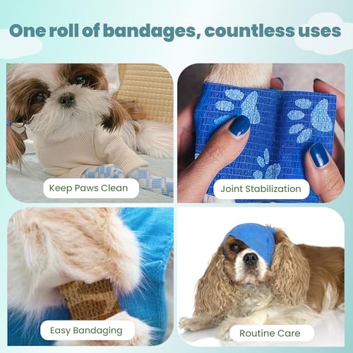 MEDUWEDU Pet Bandage 6 Rolls, Adhesive Bandage, Self Adhesive Bandage, First Aid Adhesive Gauze, for Horses, Dogs,Cats, Birds, Animals, (Solid Colors, 2 Inch (Pack of 6)) - color: Paw Prints