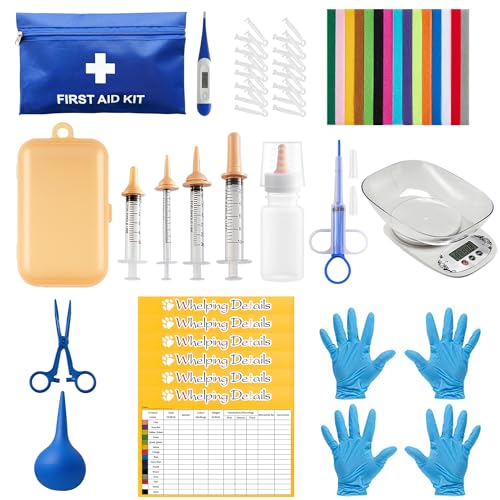 52pcs Puppy Whelping Supplies,Whelping kit,Puppies Birth,Kitten Dog Supplies,Puppy kit,Bottle Feeding kit for Newborn Puppy, Puppy Whelping Collars,Tube,Cord Clamps,Gloves,Digital Thermometer Scale