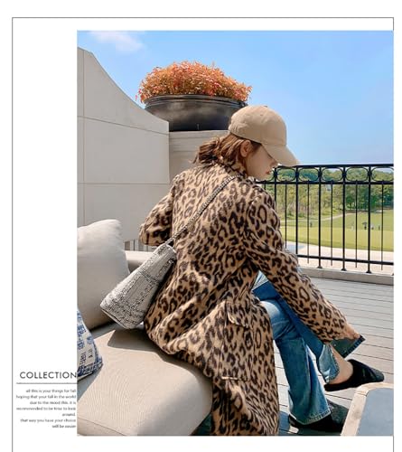 Womens Leopard Long Wool Trench Coat Notched Lapel Double Breasted Pea Coat Winter Warm Overcoat - color: Leopard, size: XX-Large