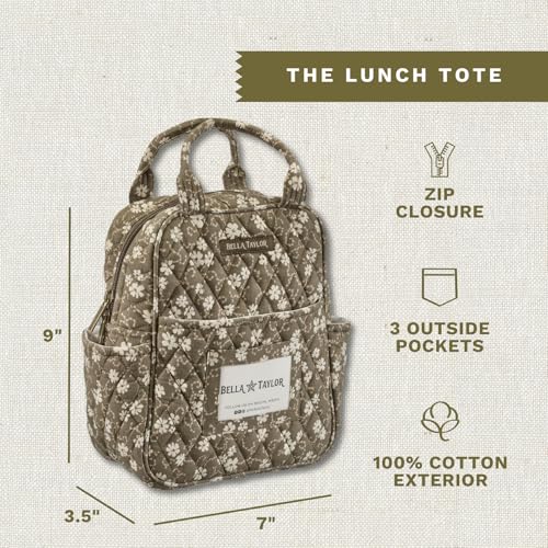 Bella Taylor Lunch Tote, Quilted Lunch Bag, Woodland Floral | Lightweight quilted cotton lunch box, easy-to-clean PEVA lining, 3 outside/1 inside pocket, durable construction - color: Woodland Floral