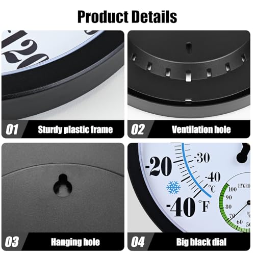 10 Inch Indoor Outdoor Thermometer Hygrometer Combo | Large Dial Analog Temperature Humidity Gauge, Wall Mount Weather Thermometer for Home Patio Greenhouse Garage Room - color: Black