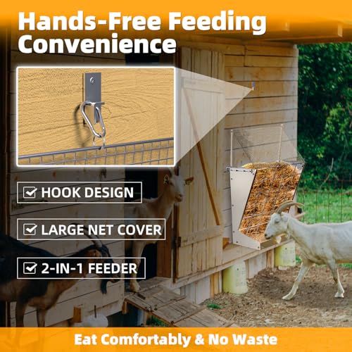 Wall Mount Hay Rack, 2 in-1 Goat Hay Feeder with Hook, 19 Gallons Heavy Duty Galvanized Wall Hay Rack, Livestock Feeder with Adjustable Distance, Easy to Install, Hay Feeder for Goats, Sheep, Horse - size: with top cover
