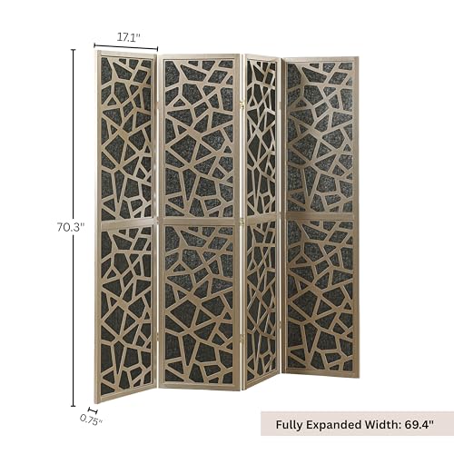 Roundhill Furniture Aurra 4-Panel Wood Room Divider, Folding Portable Partition Screen, Black Screen with Gold Frame - color: Black Screen/Gold Frame