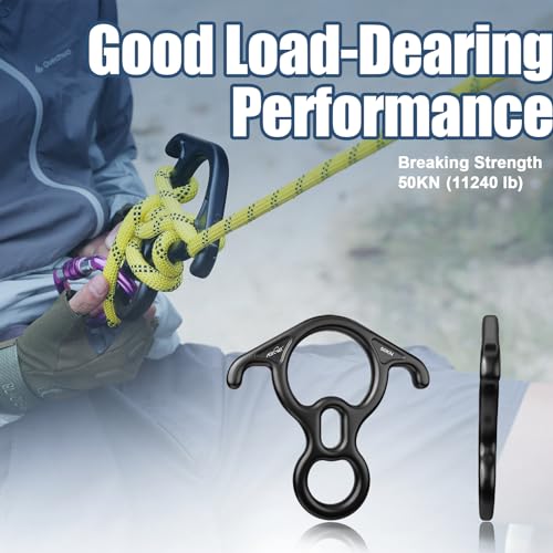 50KN Rescue Figure, 8 Descender Large Bent-Ear Belaying and Rappelling Gear Belay Device Climbing for Rock Climbing Peak Rescue 7075 Aluminum Alloy - color: Black - 2 Pcs