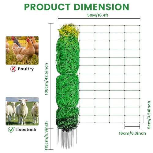 Electric Fence Netting, 42.5" H ×164 L' Portable Livestock Fencing for Sheep, Cattle, Net Fencing Kit with 14 Posts Double Spiked, Movable Poultry Netting for Backyards, Homesteaders, Farms Ranches - size: 164 * 42.5
