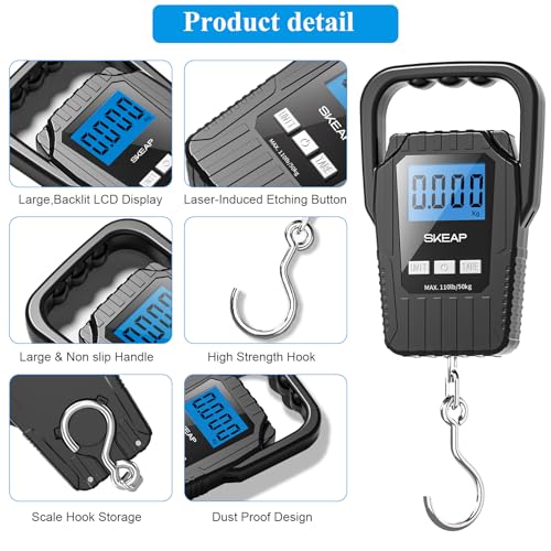 Digital Fish Scale Hanging Scale Fishing Scale, SKEAP 110lb/50kg Luggage Scale,Fish Weighing Scale, Upgrade Large Handle & Backlit LCD Display, Black,Fishing Gifts for Men,Black - color: Black