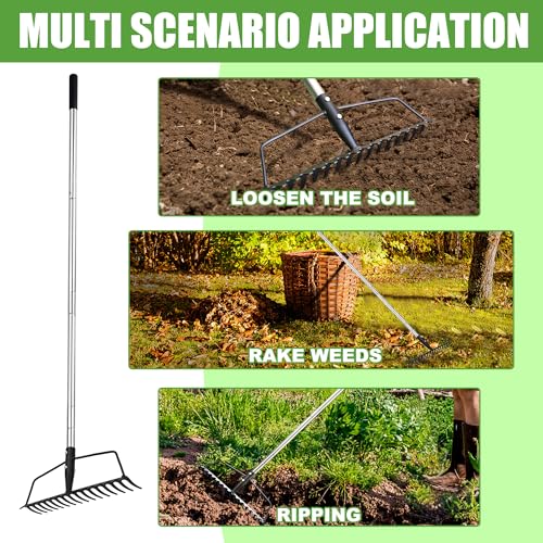 YEELOR Garden Rake, Heavy Duty 16-Tine Bow Rake, Metal | Adjustable Stainless Steel Handle, For Yard Work, Loosening Soil, Leveling Mulch, Gathering Leaves