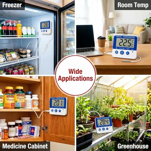 Fridge Freezer Digital Thermometer with Probe, Accurate Temperature Gauge with Built-in Default Frost Warning, Custom Alarm & Min Max Readings for Wine Cellar Reptile Habitat Incubator Greenhouse (1)
