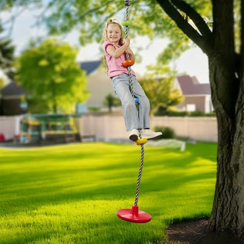 Jungle Gym Kingdom Tree Swing for Kids - Single Disc Seat and Brown Climbing Rope Set w/Carabiner and 4 Foot Strap - Treehouse and Outdoor Playground Accessories - Blue - color: Blue Disc/Brown Rope Swing