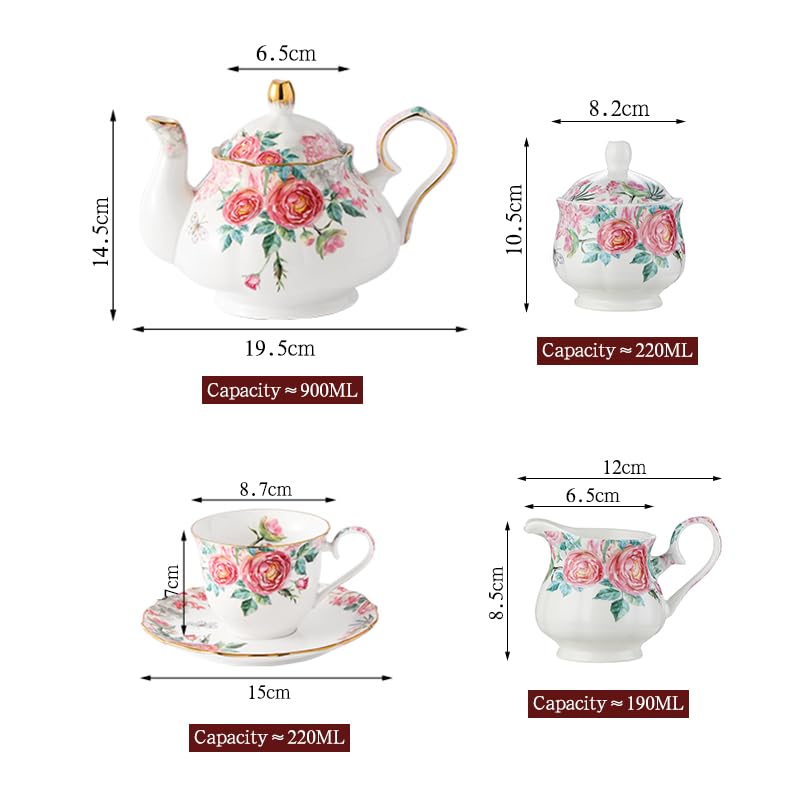 15 Piece British Bone China Tea Cup Sets, Elegant red Rose Pattern, Cups and Saucers Service for 4, with Teapot Sugar Bowl Cream Pitcher Teaspoons for Tea/Coffee, Gifts Set for Adults. - color: White and Red