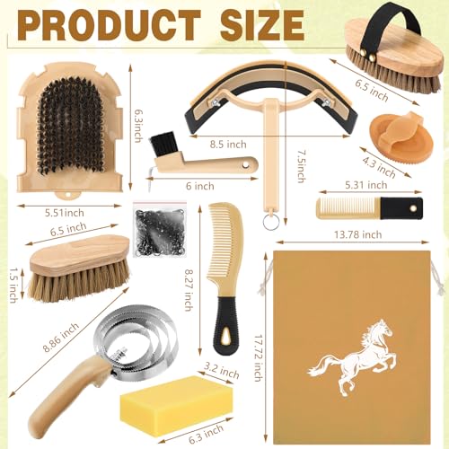 Abbylike 12 Pieces Horse Grooming Kit Racing Festival Tack Room Supplies Horse Brush Sets Equine Care Cleaning Kit Shedding Grooming Massaging Tools(Khaki) - color: Khaki