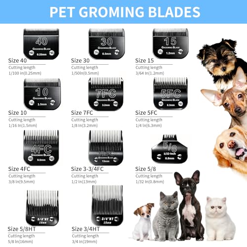 Size 10+30+40+7FC+5FC+4F+3-3/4FC Detachable Dog Grooming Blades, Compatible with Andis, Oster A5, Wahl KM10 Series Clippers, Cut Length 0.25mm-13mm, Black - size: 10+30+40+7FC+5FC+4F+3-3/4FC