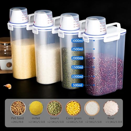 5.5 Lbs Rice Airtight Dry Food Storage Container Set of 4, Rice Storage Bin Cereal Containers Dispenser, Thicken Plastic Clear Food Storage Box with Pouring Spout, Measring Cup for Grain, Flour Snacks | BPA Free, Airtight Lid, with Pouring Spout, Clear, f
