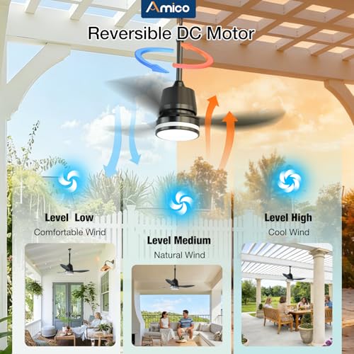 Amico 36" Outdoor Ceiling Fans with Lights, IP65 Waterproof Gazebo Fan | Waterproof, Remote Control, 3000-6000K, 6 Speeds, Hook Hanging Plug in, for Patio Porch Pergola Garage - size: 36 inch Black