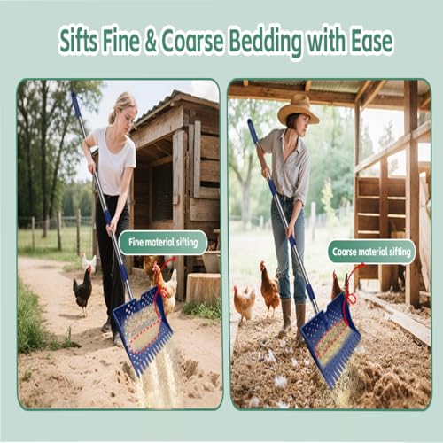 12" 2-in-1 Chicken Poop Scooper & Rake, 3-Shape Sifting Holes Chicken Coop Rake, Stainless Steel Handle (20–61") - Litter Scooper & Sand Sifting Shovel (U.S. Patent No. D1124534) - Blue