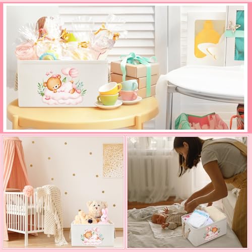 Pickmesh Baby Shower Storage Basket with Gift Bags Rectangular Ribbons Collapsible Canvas Storage Bin with Handles for Diaper Organizing Toy Home DIY Gift Basket, 13 x 9. 1 x 7. 1 Inch(Pink Bear) - style: Pink Bear