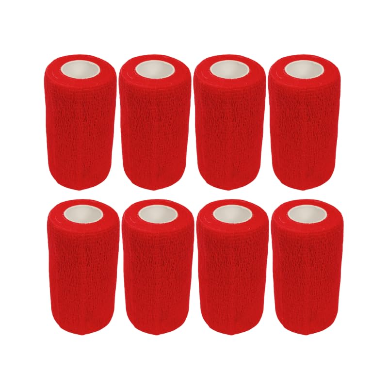 4" Cohesive Flexible Bandage Wrap – Red - 8 Pack | Self-Adherent Vet Tape for Animal Use | Breathable, Easy Tear, No Clips Required | Ideal for Horses, Dogs, Livestock, Pets - color: Red