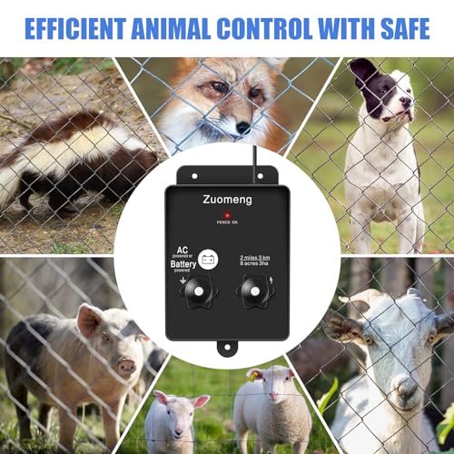 Electric Fence Energizer, Zuomeng 2-Mile 8 Acres Electric Fence Charger Powered by Battery or Power Adapter, 0.1 Joules, for Livestock, Pets, Garden & Wildlife Control