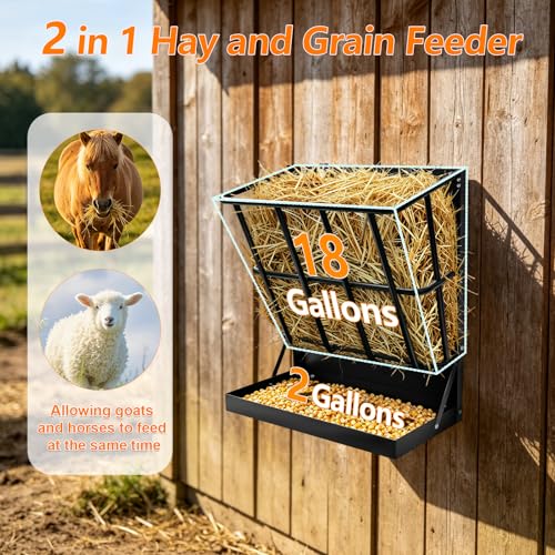 2 in 1 Wall Mount Hay and Grain Feeder, 25 Gallons Livestock Feeder | Galvanized Steel Wall Hay Rack, Hanging Hay Feeder with Mounting Kit for Goats Sheep Horse, Slow Feeder for Goats with Trough - color: Black