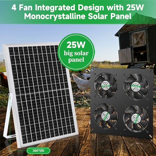 blessny Weatherproofed Solar 4 Fan Kit for Outside Intake or Exhaust air | 25W Solar Powered, 14.7 Ft Long Cord with IP65 Weatherproof Rate for Greenhouse, Chicken Coop & Shed Air Circulation - size: 4 Fan Kit