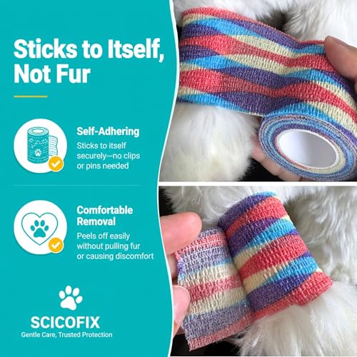 Dog Bandage Wrap, 6 Rolls 2" x 5 yd Stripe Print Pet Tape | Dog wrap bandage for paw & leg care, minor wounds, hotspots, broken nails, gauze pads & licking protection - color: RA-6ROLL-2IN