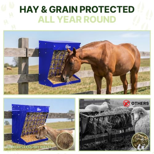 Wall Mount Hay Rack And Hay Feeder For Goats Sheep And Horses, Covered Galvanized Steel Goat Hay Feeder With Hinged Roof, 25 Gallon 2-In-1 No Waste Hanging Holder Grain Bin with hook For Cattle - color: Blue