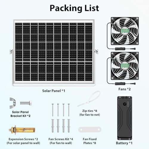 Solar Fan with Battery, 25W Solar Powered Rechargeable Fan Outdoor Waterproof, 12800 mAh Battery Exhuast or Intake Fans, for Chicken Coop Greenhouse Dog Shed Ventilation Cooling