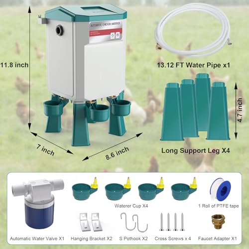 Automatic Chicken Waterer 2 Gallons, Float-Controlled Chicken Water Feeder with 4 Water Cups, 158.4-Inch Hose with 3/4'' and 1/2'' Ends, Large Poultry Waterer for Chick Quail Duck Turkey, Blue - color: Blue