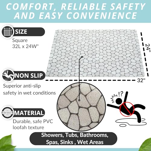 Enkosi Loofah Non-Slip Shower Mat - Shower Floors, Bathtub, Bathrooms, Wet Areas - Cushioned Bath Mat with Drain Holes - Quick Dry PVC, Secure Safety Pad Without Suction Cups (32x24 Pebble) - color: Pebble, size: 32" x 24" (Rectangular)