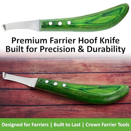 – Super Sharp Hoof Knife | Stainless Steel Blade with Wooden Handle | Professional Farrier Hoof Trimming Tool for Horses & Equine Hoof Care (Green Right-Hand)