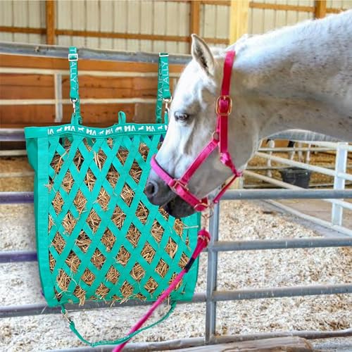 Majestic Ally Double Side Open Slow Feeder Hay Bag - Diamond Shaped Obliquely Placed Webbing (Turquoise) - color: Turquoise
