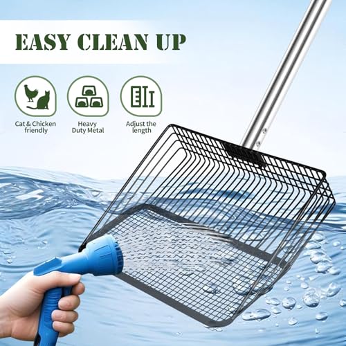 10inch Large Metal Chicken Poop Scooper & Chicken Coop Scoop, 3-Level Adjustable Chicken Coop Scooper for Sand with Stainless Steel Handle, 4-in-1 Multi-Function Heavy Duty Manure Screening Shovel