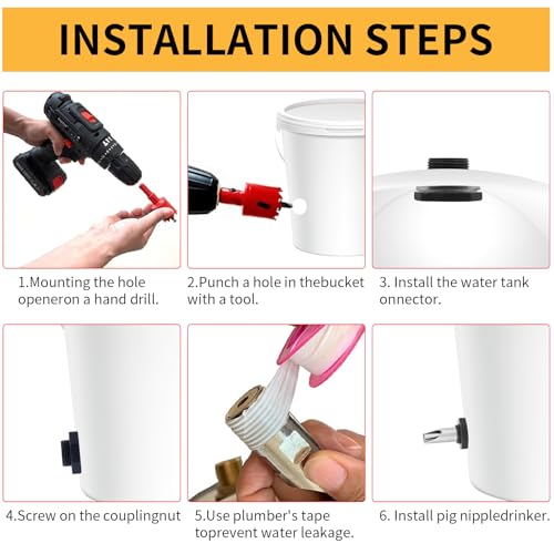 5 Sets Automatic Pig Nipple Drinkers Kit Auto Pig Watering System Stainless Steel with 5 Pcs Brass Water Tank Connector Hole Opener and Tape for Pig Goats Swine Piglets Drinking