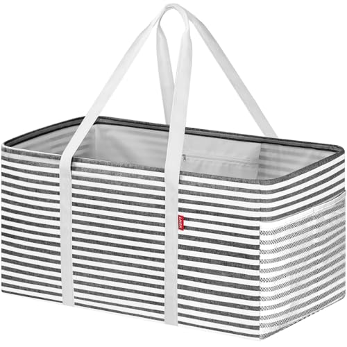 LHZK Standing Extra Large Utility Tote Bag with Metal Wire Frame and the Sides Rinforced, Extra Large Tote Bag with Handle, Reusable Grocery Bags Foldable, Beach Bag, Car Tote, Black, 26''x15''x13'' - color: Black/White, size: 26''x15''x13''-1 Pack