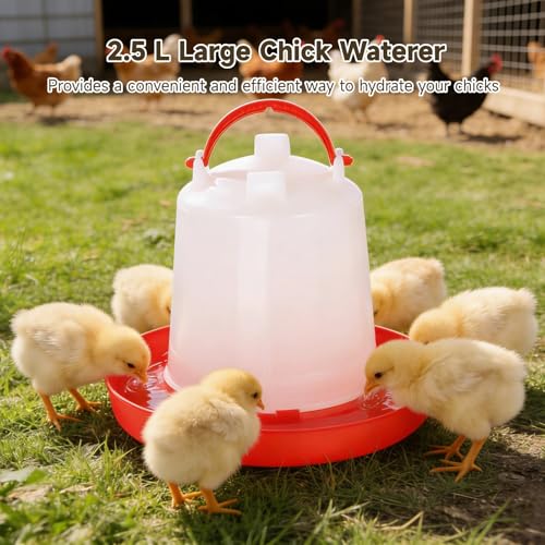 4 Pcs Chick Waterers, 2.5 L Poultry Water Feeders, Poultry Drinkers with Handle, Heavy-Duty Plastic Poultry Water Containers for Chickens, Turkeys, Ducks and More