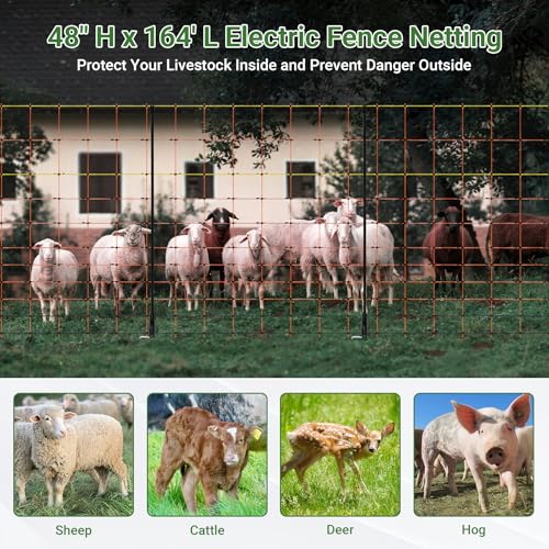 Electric Fence Netting 48"H x 164'L | with Posts and Double-Spiked Stakes, Portable Livestock Nets for Backyards, Homesteads, Gardens, Farms, and Ranches - size: 48"H x 164'L