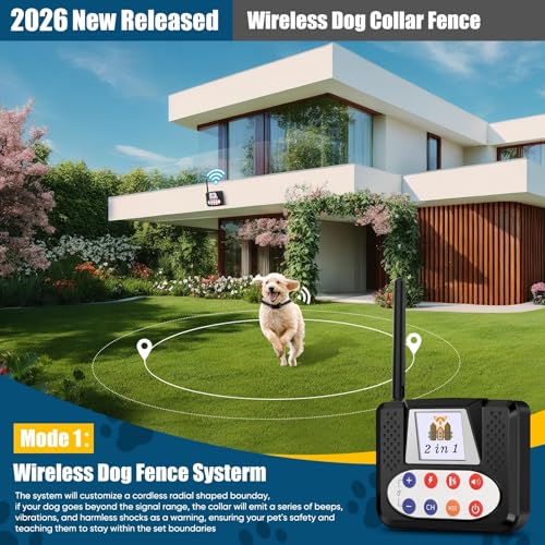 Wireless Dog Fence, Electric Fence System with Big LCD Color Screen, Portable Wireless Pet Fence with Remote Training Collar, Dog Perimeter Collar, Adjustable for Small Medium Big Dogs