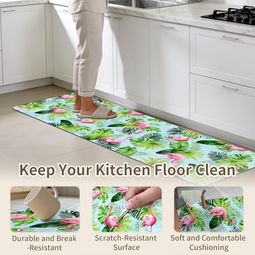 Green Leaves Kitchen Rug Set, 2 Piece Non-Slip Floor Mat with Colorful Daisy Flower Design - color: Green Leaves