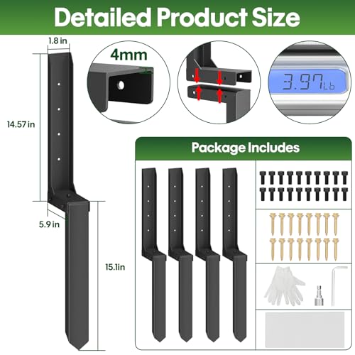 Fence Post Repair Kit 4 Pack, 8mm Double-Layer Post Anchor for Wood Posts | Heavy Duty & Anti-rust Post Anchor, Quick Fix Leaning/Broken 4x4/6x6 Wood Posts Support