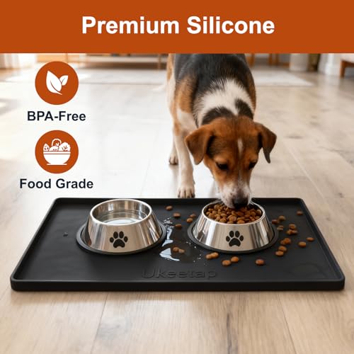 19" x 12" Extra Thick Silicone Mat Waterproof with Raised Edge, Black | BPA-Free Non-Slip Dog & Cat Food Mat, Feeding Mat for Food and Water Bowls, Spill Proof Mat to Protect Floors - color: Black, size: 19"L x 12"W