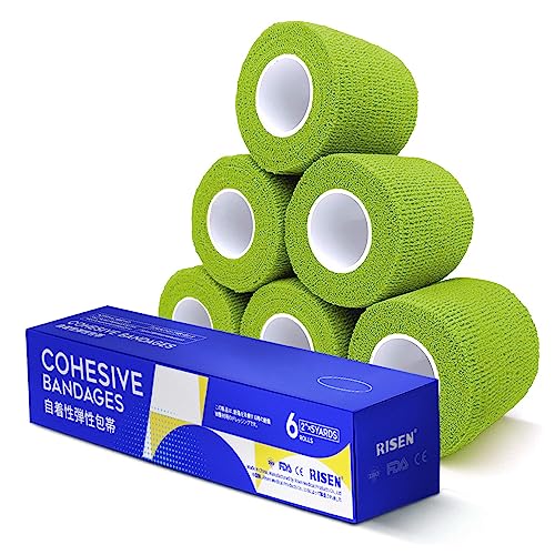 RISEN Cohesive Bandage 2” x 5 Yards, 6 Rolls, Self Adherent Wrap Medical Tape, Adhesive Flexible Breathable First Aid Gauze Ideal for Stretch Athletic - color: Grass Green