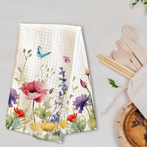 Spring Colorful Flowers & Butterflies Kitchen Towel - 16 x 24 Inches Wildflowers Kitchen Hand Dish Towel - Decorative Fast Drying Home Dishcloth Decor Gifts for Friends Family - A13 - color: Flowers