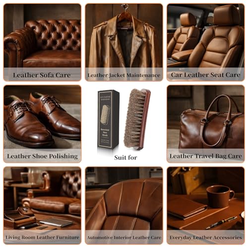 100% 7in Horsehair Shoe Brush Horse Hair Brush for Leather Boots Cleaning Polishing Buffing Shining Professional Shoe Shine Brush for Sneakers Jackets Sofas Bags Furniture Car Seats Leather Care Tool