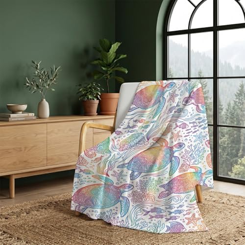 Rainbow Mandala Sea Turtle Throw Blanket, Flannel Fleece 40" x 50" | Yujiiso Rainbow Mandala Sea Turtle Blanket Lightweight Decor for Living Room, Bedroom, Office and Travel, Home Decor Gift - color: Rainbow Mandala Sea Turtle, size: 40"x50"